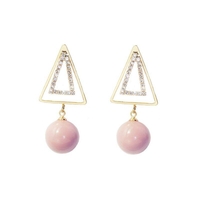 Ear Drop Earring Double Gold Triangle Pink Artificial Pearl